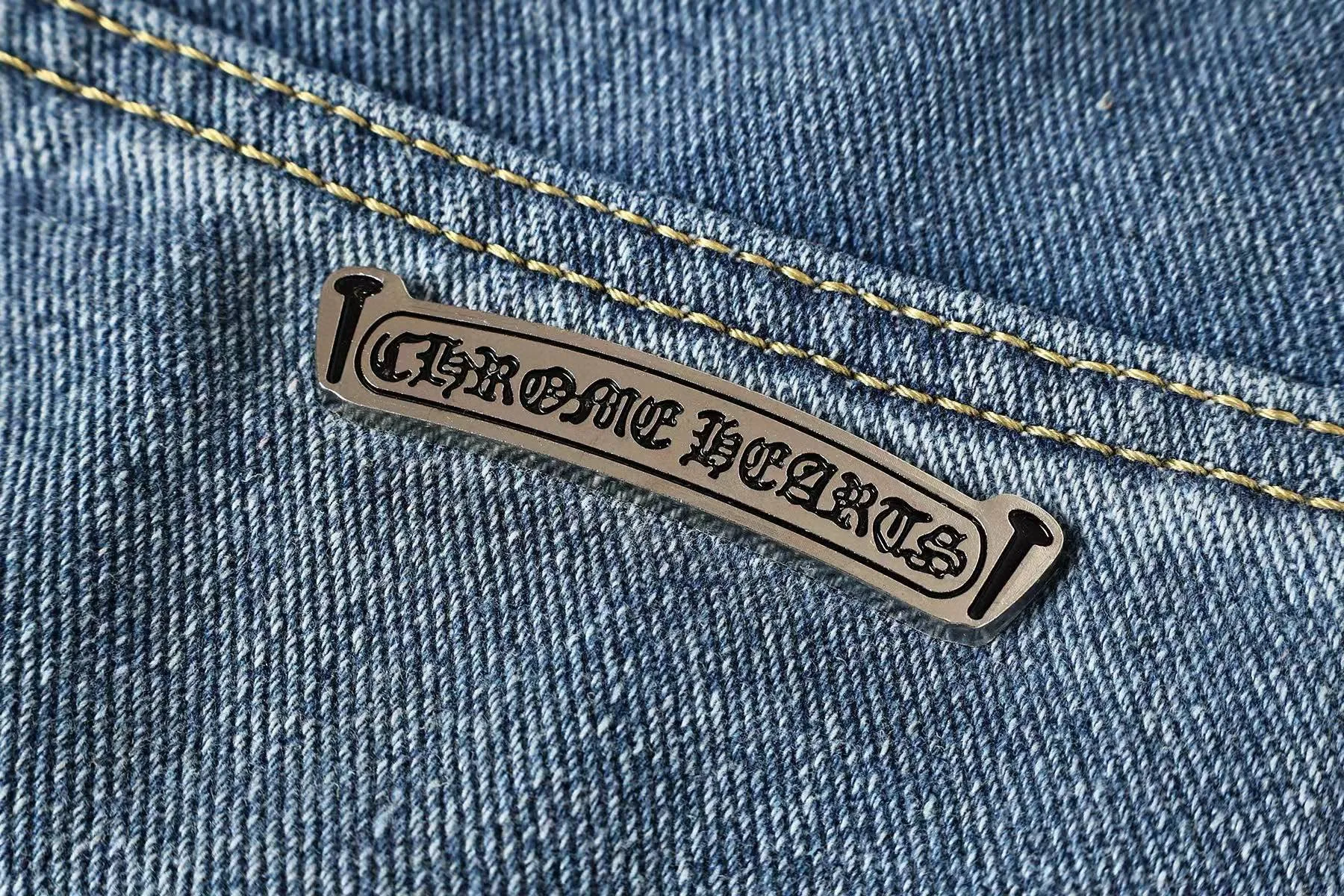 P270 Chrome Hearts/Chrome Hearts Classic Color Leather Cross Washed Color Fabric Unisex Denim Trousers Color: Picture Color Code Number: 28-36